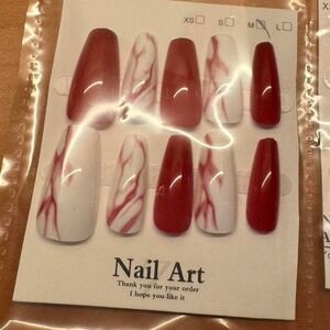 Marble Red Press On Nails Coffin Medium Length Full‎ Cover Fake Nails 10pc